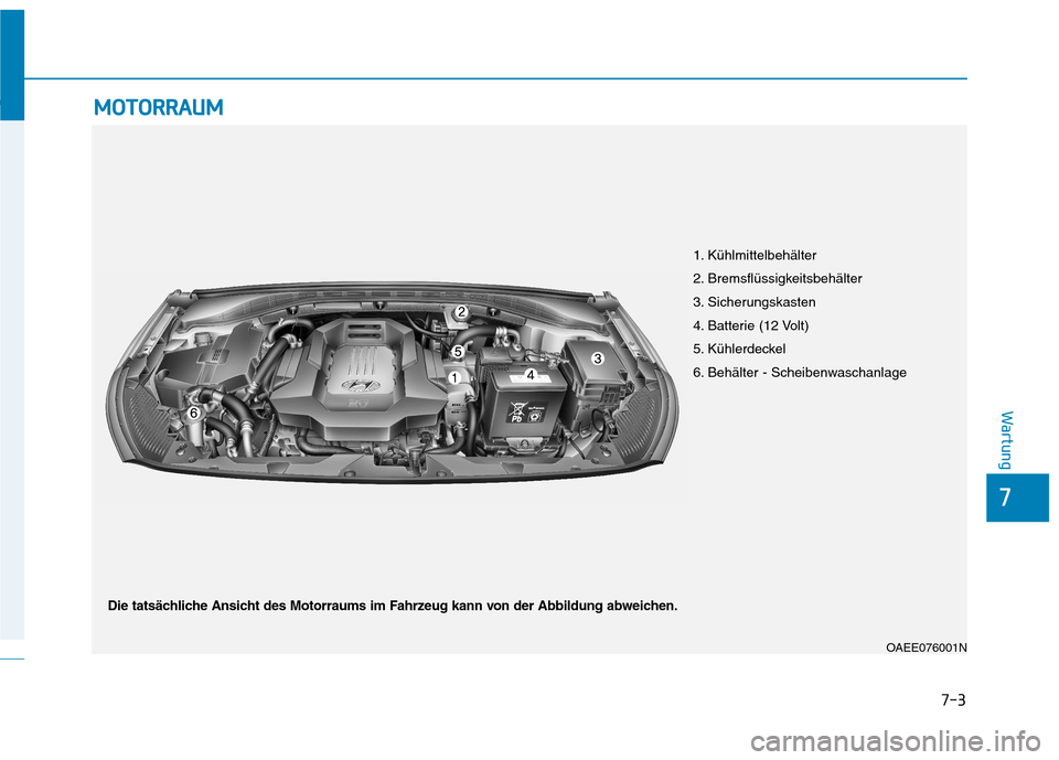 Hyundai Ioniq Electric 2017 Betriebsanleitung (in German) 7-3
7
Wartung
MMOOTTOO RRRRAA UU MM
OAEE076001N
1. Kühlmittelbehälter
2. Bremsflüssigkeitsbehälter
3. Sicherungskasten
4. Batterie (12 Volt)
5. Kühlerdeckel
6. Behälter - Scheibenwaschanlage
Di Hyundai Ioniq Electric 2017 Betriebsanleitung (in German) 7-3
7
Wartung
MMOOTTOO RRRRAA UU MM
OAEE076001N
1. Kühlmittelbehälter
2. Bremsflüssigkeitsbehälter
3. Sicherungskasten
4. Batterie (12 Volt)
5. Kühlerdeckel
6. Behälter - Scheibenwaschanlage
Di
