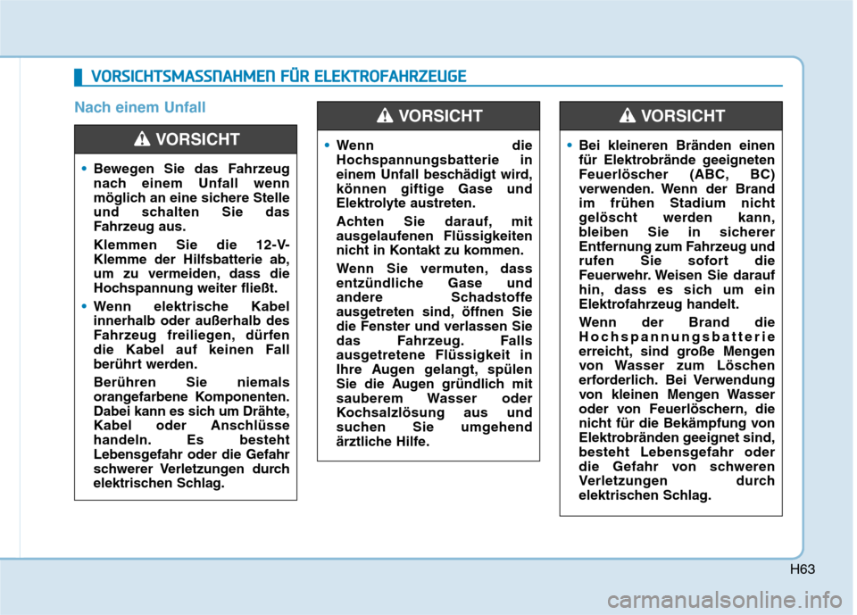 Hyundai Ioniq Electric 2017 Betriebsanleitung (in German) H63
Nach einem Unfall
VVOO RRSSIICC HH TTSSMM AASSSSNN AAHH MM EENN FF ÜÜ RR EE LLEE KK TTRR OO FFAA HH RRZZEEUU GGEE
Bewegen Sie das Fahrzeug
nach einem Unfall wenn
möglich an eine sichere St Hyundai Ioniq Electric 2017 Betriebsanleitung (in German) H63
Nach einem Unfall
VVOO RRSSIICC HH TTSSMM AASSSSNN AAHH MM EENN FF ÜÜ RR EE LLEE KK TTRR OO FFAA HH RRZZEEUU GGEE
Bewegen Sie das Fahrzeug
nach einem Unfall wenn
möglich an eine sichere St