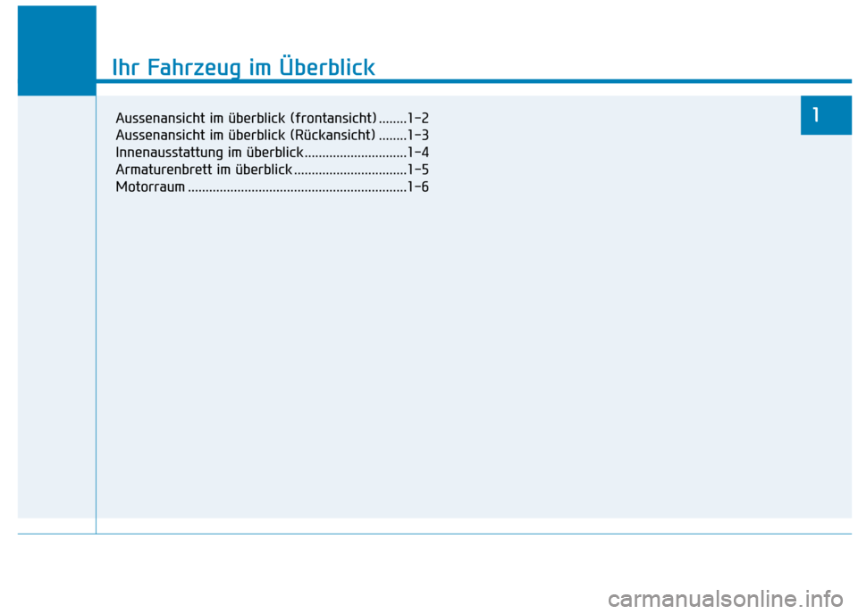 Hyundai Ioniq Electric 2017 Betriebsanleitung (in German) Ihr Fahrzeug im Überblick
1
Ihr Fahrzeug im Überblick
1Aussenansicht im überblick (frontansicht) ........1-2
Aussenansicht im überblick (Rückansicht) ........1-3
Innenausstattung im überblick . Hyundai Ioniq Electric 2017 Betriebsanleitung (in German) Ihr Fahrzeug im Überblick
1
Ihr Fahrzeug im Überblick
1Aussenansicht im überblick (frontansicht) ........1-2
Aussenansicht im überblick (Rückansicht) ........1-3
Innenausstattung im überblick .