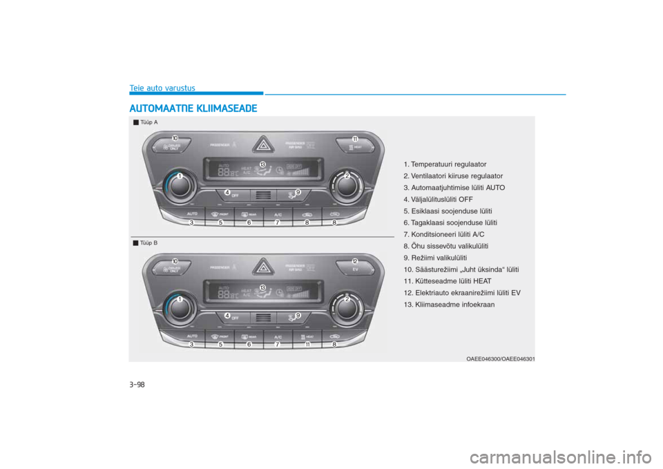 Hyundai Ioniq Electric 2017 Omaniku Käsiraamat (in Estonian) 3-98Teie auto varustusAUTOMAATNE KLIIMASEADE
OAEE046300/OAEE046301
1. Temperatuuri regulaator
2. Ventilaatori kiiruse regulaator
3. Automaatjuhtimise lüliti AUTO
4. Väljalülituslüliti OFF
5. Esik Hyundai Ioniq Electric 2017 Omaniku Käsiraamat (in Estonian) 3-98Teie auto varustusAUTOMAATNE KLIIMASEADE
OAEE046300/OAEE046301
1. Temperatuuri regulaator
2. Ventilaatori kiiruse regulaator
3. Automaatjuhtimise lüliti AUTO
4. Väljalülituslüliti OFF
5. Esik