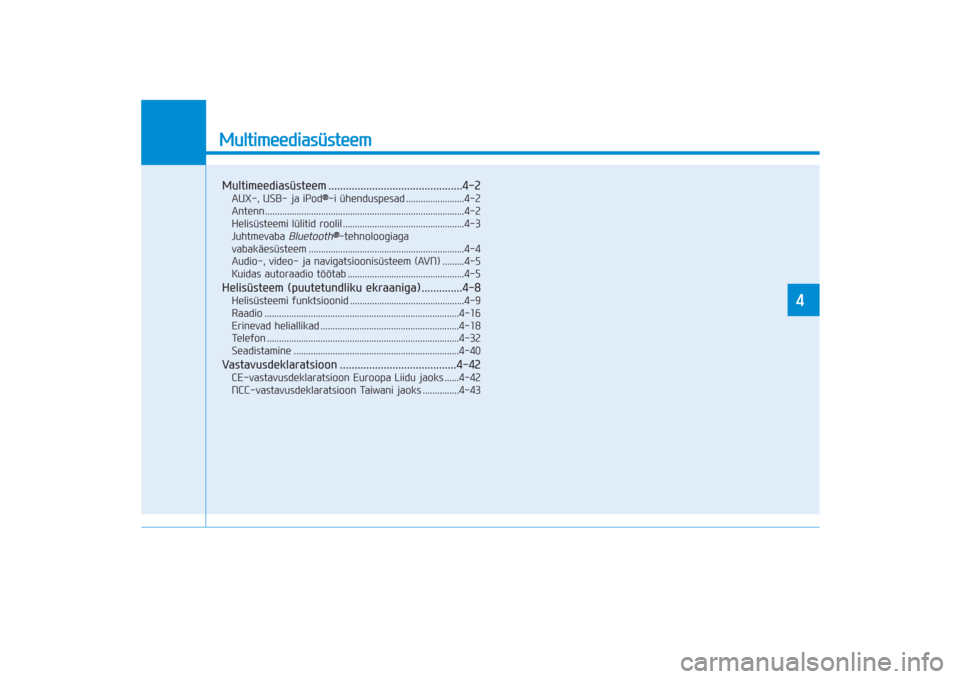 Hyundai Ioniq Electric 2017  Omaniku Käsiraamat (in Estonian) MultimeediasüsteemMultimeediasüsteem ..............................................4-2AUX-, USB- ja iPod
®-i ühenduspesad ........................4-2
Antenn........................................