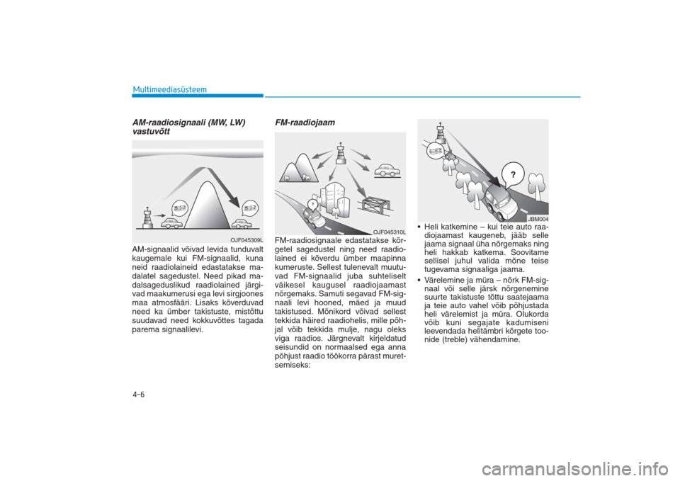 Hyundai Ioniq Electric 2017  Omaniku Käsiraamat (in Estonian) 4-6MultimeediasüsteemAM-raadiosignaali (MW, LW)
vastuvõttAM-signaalid võivad levida tunduvalt
kaugemale kui FM-signaalid, kuna
neid raadiolaineid edastatakse ma-
dalatel sagedustel. Need pikad ma-
