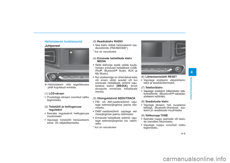 Hyundai Ioniq Electric 2017  Omaniku Käsiraamat (in Estonian) 4-9
Multimeediasüsteem4
Helisüsteemi funktsioonidJuhtpaneelHelisüsteem võib tegelikkuses
pildil kujutatust erineda.
(1) LCD-ekraan
• Puudutage ekraani soovitud valiku
tegemiseks.
(2) Toitelüli