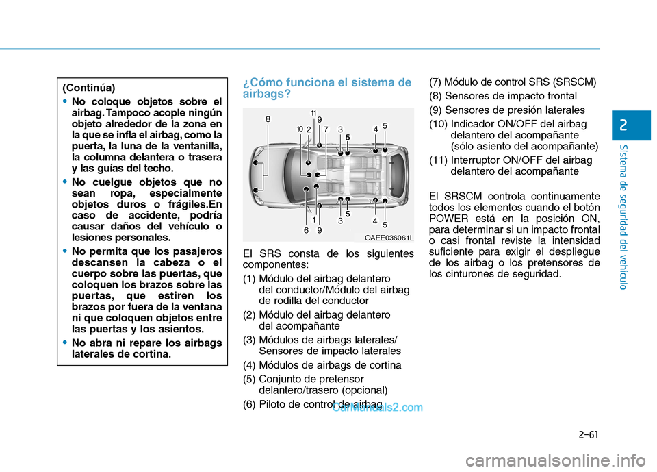 Hyundai Ioniq Electric 2017  Manual del propietario (in Spanish) 2-61
Sistema de seguridad del vehículo
2
¿Cómo funciona el sistema de 
airbags?
El SRS consta de los siguientes componentes: (1) Módulo del airbag delanterodel conductor/Módulo del airbag de rodi