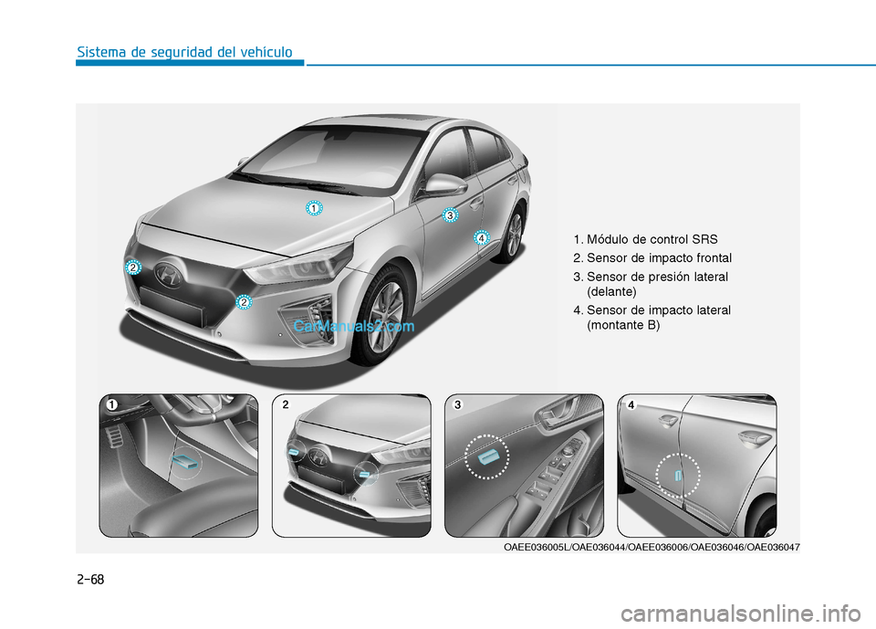 Hyundai Ioniq Electric 2017  Manual del propietario (in Spanish) 2-68
Sistema de seguridad del vehículo
1. Módulo de control SRS 
2. Sensor de impacto frontal
3. Sensor de presión lateral(delante)
4. Sensor de impacto lateral  (montante B)
OAEE036005L/OAE036044/