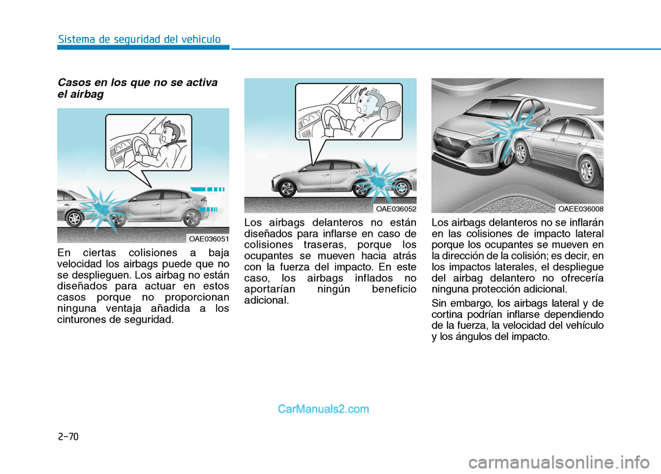 Hyundai Ioniq Electric 2017  Manual del propietario (in Spanish) 2-70
Sistema de seguridad del vehículo
Casos en los que no se activael airbag 
En ciertas colisiones a baja 
velocidad los airbags puede que no
se desplieguen. Los airbag no están
diseñados para ac