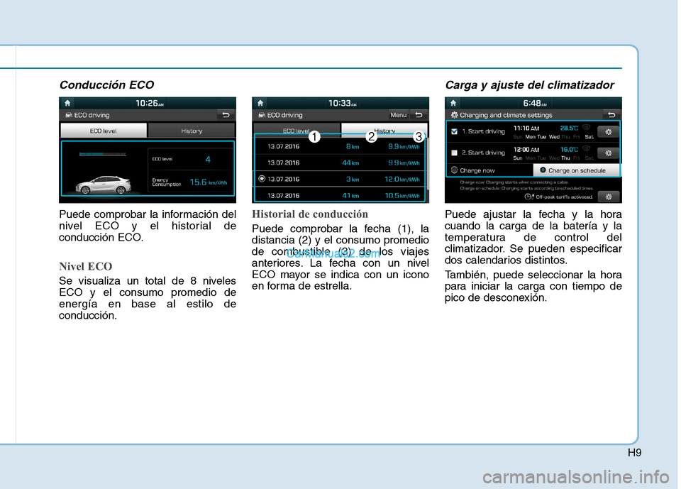 Hyundai Ioniq Electric 2017  Manual del propietario (in Spanish) H9
Conducción ECO
Puede comprobar la información del 
nivel ECO y el historial de
conducción ECO.
Nivel ECO
Se visualiza un total de 8 niveles ECO y el consumo promedio deenergía en base al estilo