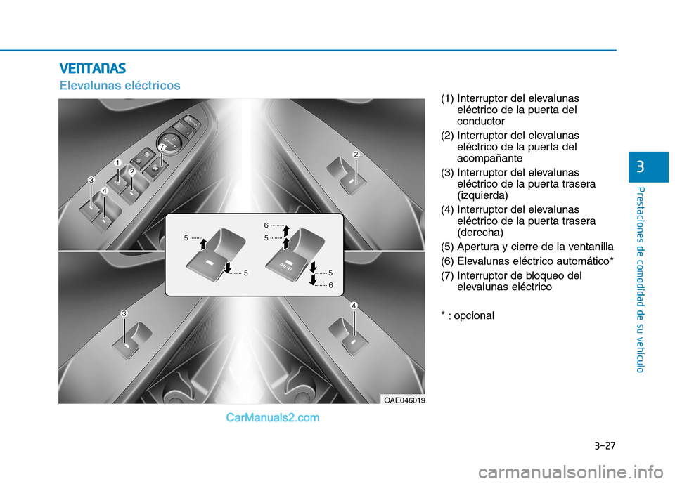 Hyundai Ioniq Electric 2017 Manual del propietario (in Spanish) 3-27
Prestaciones de comodidad de su vehículo
3
(1) Interruptor del elevalunaseléctrico de la puerta del conductor
(2) Interruptor del elevalunas eléctrico de la puerta delacompañante
(3) Interru Hyundai Ioniq Electric 2017 Manual del propietario (in Spanish) 3-27
Prestaciones de comodidad de su vehículo
3
(1) Interruptor del elevalunaseléctrico de la puerta del conductor
(2) Interruptor del elevalunas eléctrico de la puerta delacompañante
(3) Interru