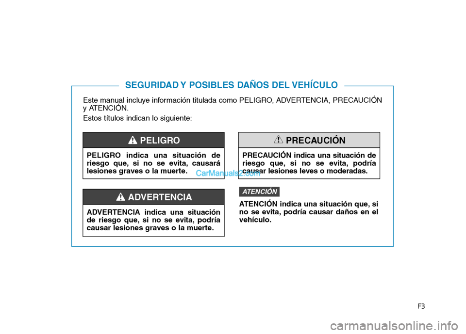 Hyundai Ioniq Electric 2017  Manual del propietario (in Spanish) F3
Este manual incluye información titulada como PELIGRO, ADVERTENCIA, PRECAUCIÓN 
y ATENCIÓN. Estos títulos indican lo siguiente:
SEGURIDAD Y POSIBLES DAÑOS DEL VEHÍCULO
PELIGRO indica una situ