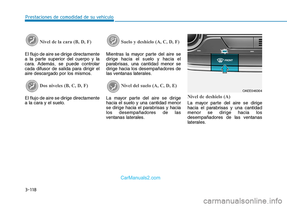 Hyundai Ioniq Electric 2017 Manual del propietario (in Spanish) 3-118
Prestaciones de comodidad de su vehículo
Nivel de la cara (B, D, F)
El flujo de aire se dirige directamente
a la parte superior del cuerpo y la
cara. Además, se puede controlar
cada difusor Hyundai Ioniq Electric 2017 Manual del propietario (in Spanish) 3-118
Prestaciones de comodidad de su vehículo
Nivel de la cara (B, D, F)
El flujo de aire se dirige directamente
a la parte superior del cuerpo y la
cara. Además, se puede controlar
cada difusor
