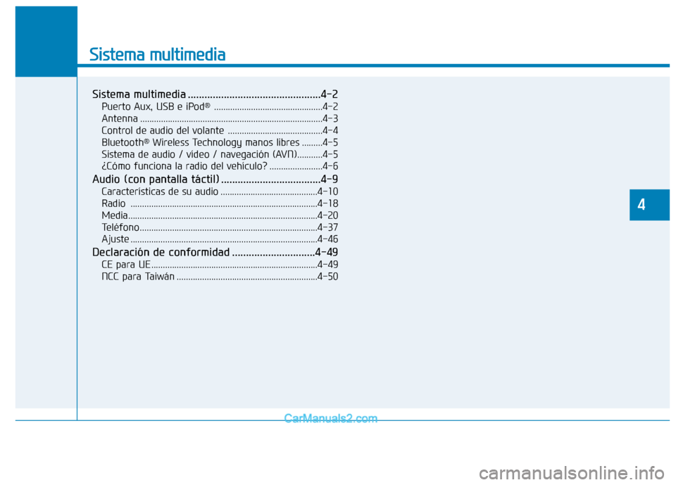 Hyundai Ioniq Electric 2017 Manual del propietario (in Spanish) Sistema multimedia
Sistema multimedia ................................................4-2Puerto Aux, USB e iPod ®
...............................................4-2
Antenna .......................... Hyundai Ioniq Electric 2017 Manual del propietario (in Spanish) Sistema multimedia
Sistema multimedia ................................................4-2Puerto Aux, USB e iPod ®
...............................................4-2
Antenna ..........................