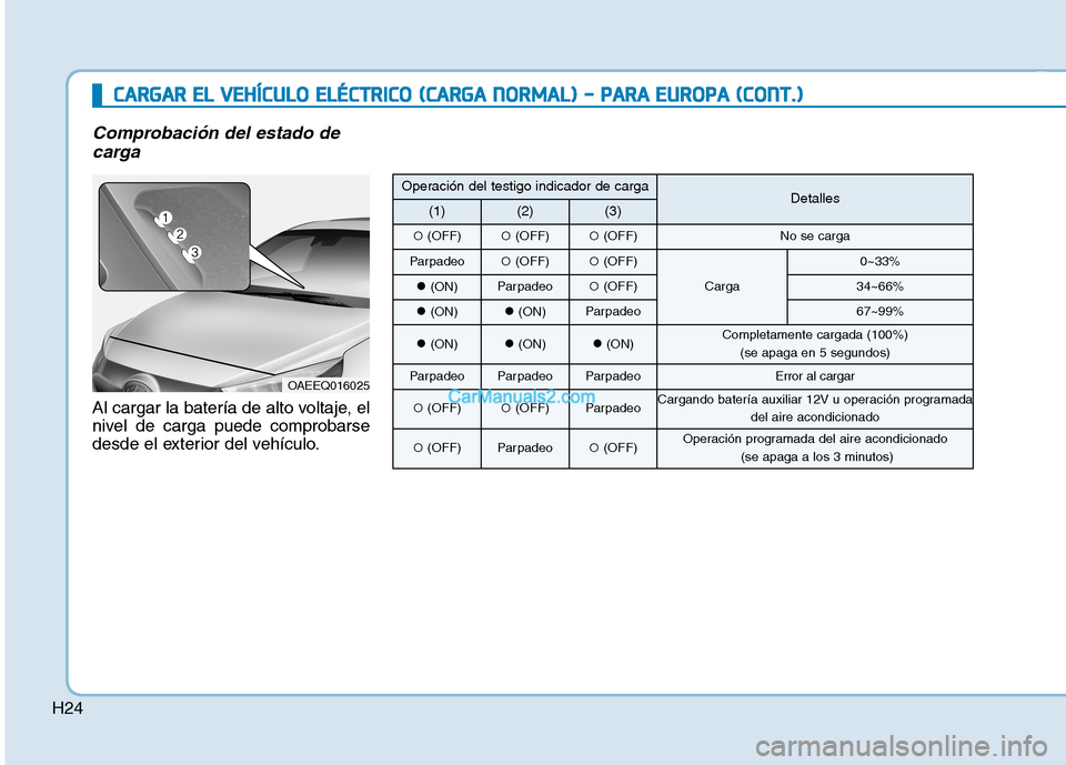 Hyundai Ioniq Electric 2017  Manual del propietario (in Spanish) H24
CCAA RRGG AARR  EE LL  VV EEHH ÍÍCC UU LLOO   EE LLÉÉ CCTT RR IICC OO   (( CC AA RRGG AA  NN OO RRMM AALL))  --   PP AA RRAA   EE UU RROO PPAA   (( CC OO NNTT..))
Comprobación del estado de
c