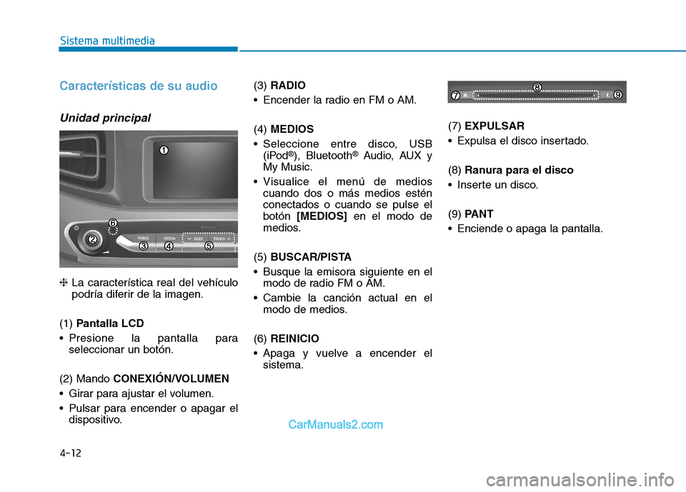 Hyundai Ioniq Electric 2017  Manual del propietario (in Spanish) 4-12
Sistema multimedia
Características de su audio
Unidad principal
❈La característica real del vehículo
podría diferir de la imagen.
(1)  Pantalla LCD
 Presione la pantalla para seleccionar un