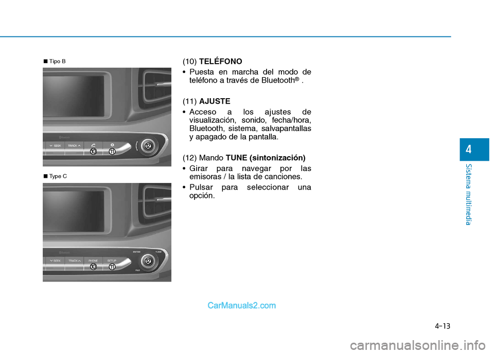 Hyundai Ioniq Electric 2017  Manual del propietario (in Spanish) 4-13
Sistema multimedia
4
(10) TELÉFONO
 Puesta en marcha del modo de teléfono a través de Bluetooth ®
.
(11)  AJUSTE
 Acceso a los ajustes de visualización, sonido, fecha/hora, 
Bluetooth, siste