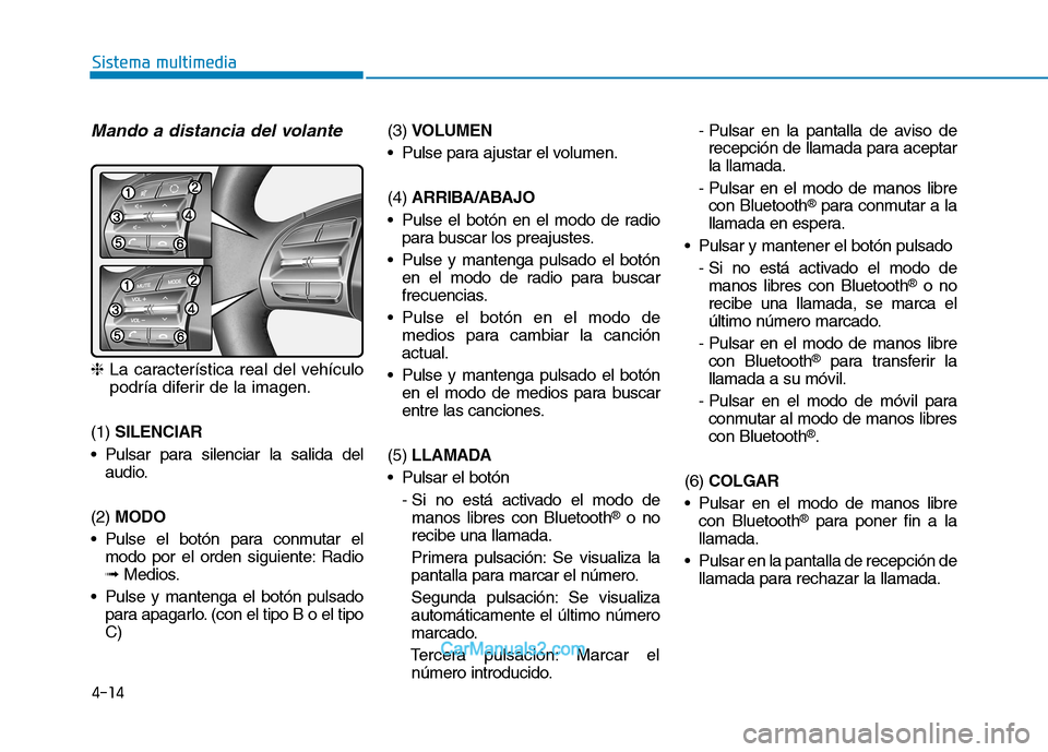 Hyundai Ioniq Electric 2017  Manual del propietario (in Spanish) 4-14
Sistema multimedia
Mando a distancia del volante
❈La característica real del vehículo
podría diferir de la imagen.
(1)  SILENCIAR
 Pulsar para silenciar la salida del audio.
(2)  MODO
 Pulse