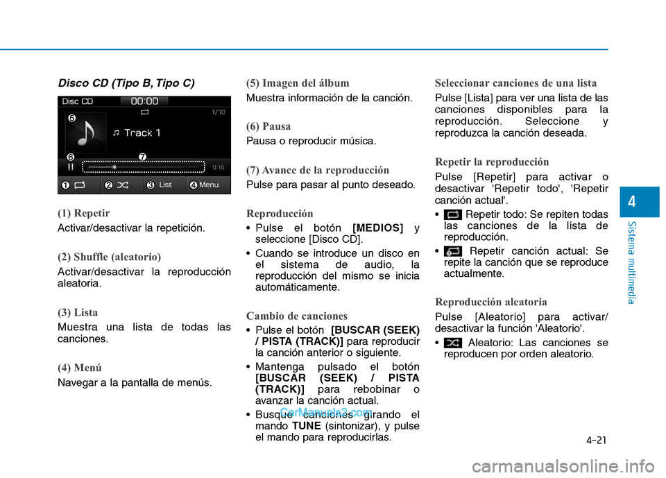 Hyundai Ioniq Electric 2017  Manual del propietario (in Spanish) 4-21
Sistema multimedia
4
Disco CD (Tipo B, Tipo C)
(1) Repetir
Activar/desactivar la repetición.
(2) Shuffle (aleatorio)
Activar/desactivar la reproducción 
aleatoria.
(3) Lista
Muestra una lista d