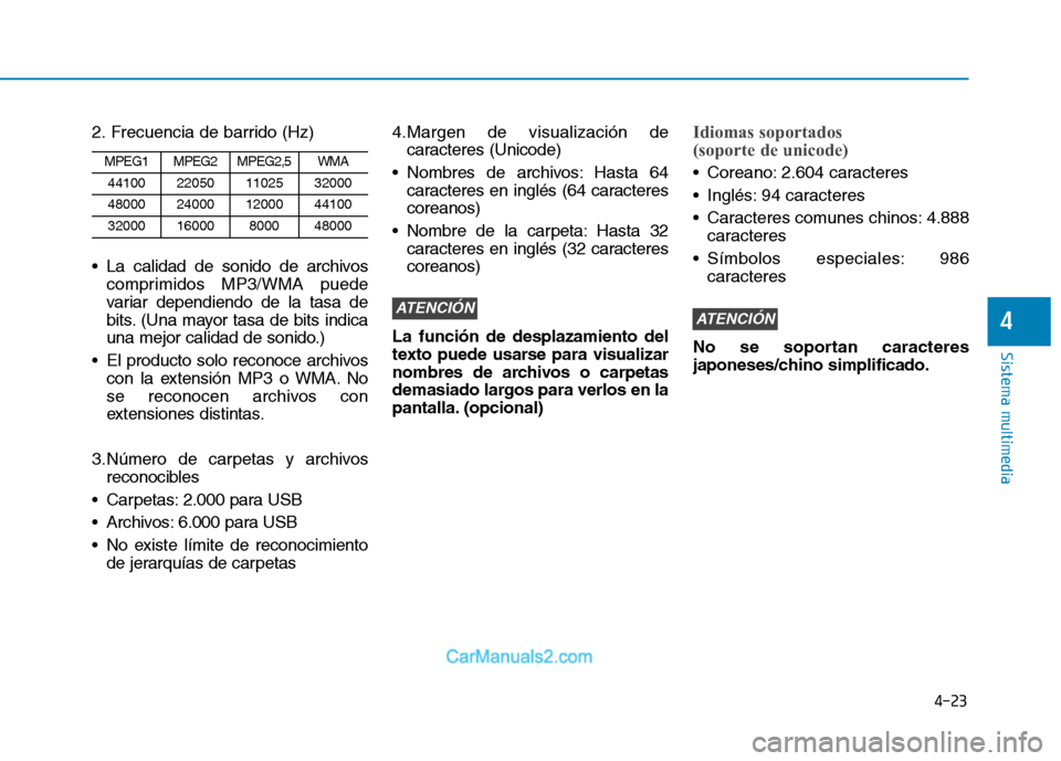 Hyundai Ioniq Electric 2017  Manual del propietario (in Spanish) 4-23
Sistema multimedia
4
2. Frecuencia de barrido (Hz) 
 La calidad de sonido de archivoscomprimidos MP3/WMA puede 
variar dependiendo de la tasa de
bits. (Una mayor tasa de bits indica
una mejor cal