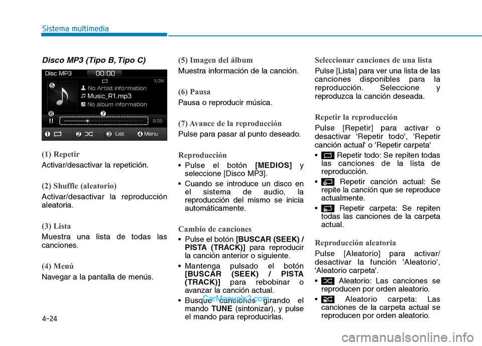 Hyundai Ioniq Electric 2017  Manual del propietario (in Spanish) 4-24
Sistema multimedia
Disco MP3 (Tipo B, Tipo C)
(1) Repetir
Activar/desactivar la repetición.
(2) Shuffle (aleatorio)
Activar/desactivar la reproducción 
aleatoria.
(3) Lista
Muestra una lista de
