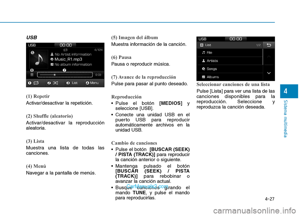 Hyundai Ioniq Electric 2017 Manual del propietario (in Spanish) 4-27
Sistema multimedia
4
USB
(1) Repetir
Activar/desactivar la repetición.
(2) Shuffle (aleatorio)
Activar/desactivar la reproducción
aleatoria.
(3) Lista
Muestra una lista de todas las
canciones Hyundai Ioniq Electric 2017 Manual del propietario (in Spanish) 4-27
Sistema multimedia
4
USB
(1) Repetir
Activar/desactivar la repetición.
(2) Shuffle (aleatorio)
Activar/desactivar la reproducción
aleatoria.
(3) Lista
Muestra una lista de todas las
canciones