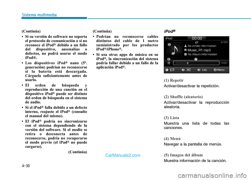 Hyundai Ioniq Electric 2017 Manual del propietario (in Spanish) 4-30
Sistema multimedia
(Continúa)
Si su versión de software no soportael protocolo de comunicación o si no
reconoce el iPod ®
debido a un fallo
del dispositivo, anomalías o
defectos, no podr Hyundai Ioniq Electric 2017 Manual del propietario (in Spanish) 4-30
Sistema multimedia
(Continúa)
Si su versión de software no soportael protocolo de comunicación o si no
reconoce el iPod ®
debido a un fallo
del dispositivo, anomalías o
defectos, no podr
