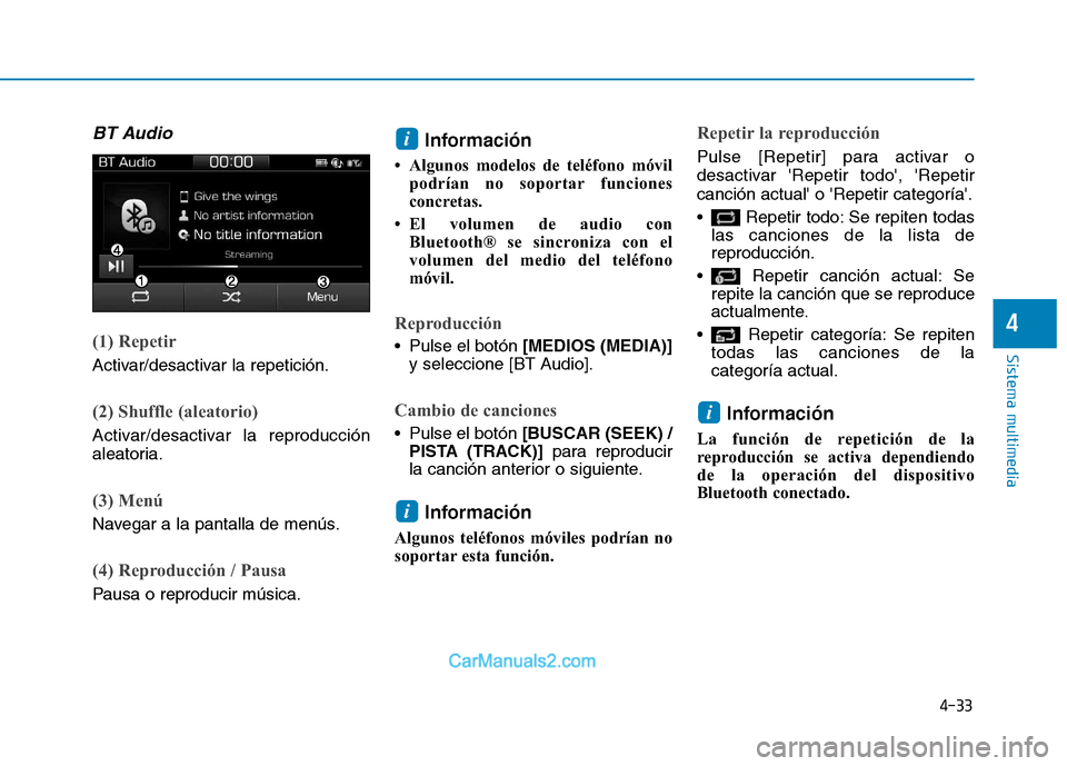 Hyundai Ioniq Electric 2017 Manual del propietario (in Spanish) 4-33
Sistema multimedia
4
BT Audio
(1) Repetir
Activar/desactivar la repetición.
(2) Shuffle (aleatorio)
Activar/desactivar la reproducción
aleatoria.
(3) Menú
Navegar a la pantalla de menús.
(4) Hyundai Ioniq Electric 2017 Manual del propietario (in Spanish) 4-33
Sistema multimedia
4
BT Audio
(1) Repetir
Activar/desactivar la repetición.
(2) Shuffle (aleatorio)
Activar/desactivar la reproducción
aleatoria.
(3) Menú
Navegar a la pantalla de menús.
(4)