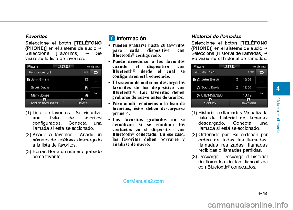Hyundai Ioniq Electric 2017  Manual del propietario (in Spanish) 4-43
Sistema multimedia
4
Favoritos
Seleccione el botón[TELÉFONO
(PHONE)] en el sistema de audio  ➟
Seleccione [Favoritos]  ➟Se
visualiza la lista de favoritos. 
(1) Lista de favoritos : Se visu