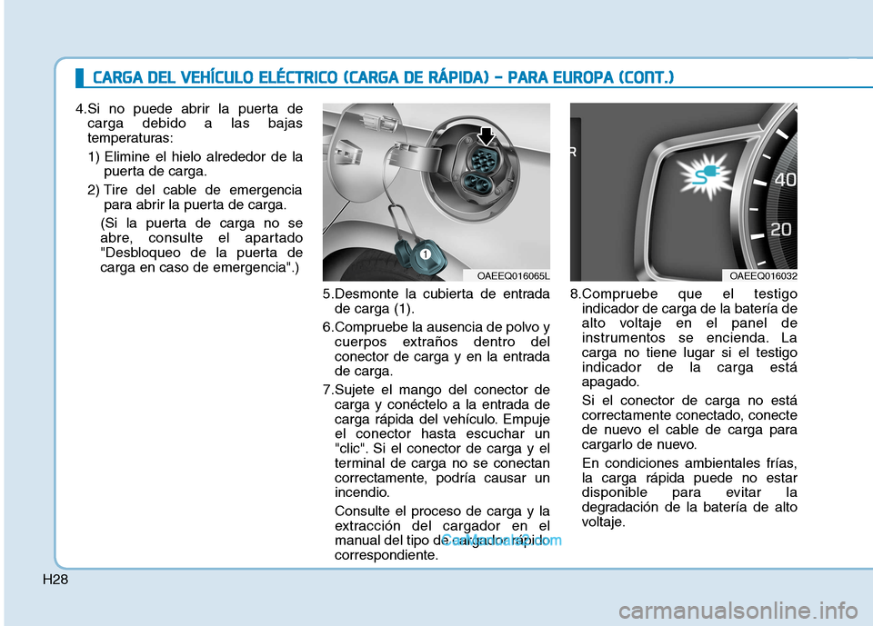 Hyundai Ioniq Electric 2017  Manual del propietario (in Spanish) H28
CCAA RRGG AA  DD EELL  VV EEHH ÍÍCC UU LLOO   EE LLÉÉ CCTT RR IICC OO   (( CC AA RRGG AA  DD EE  RR ÁÁ PPIIDD AA ))  --   PP AA RRAA   EE UU RROO PPAA   (( CC OO NNTT..))
4.Si no puede abrir