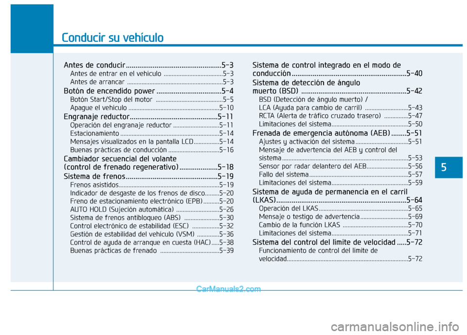 Hyundai Ioniq Electric 2017  Manual del propietario (in Spanish) Conducir su vehículo
Antes de conducir ..................................................5-3Antes de entrar en el vehículo .....................................5-3 
Antes de arrancar ...............