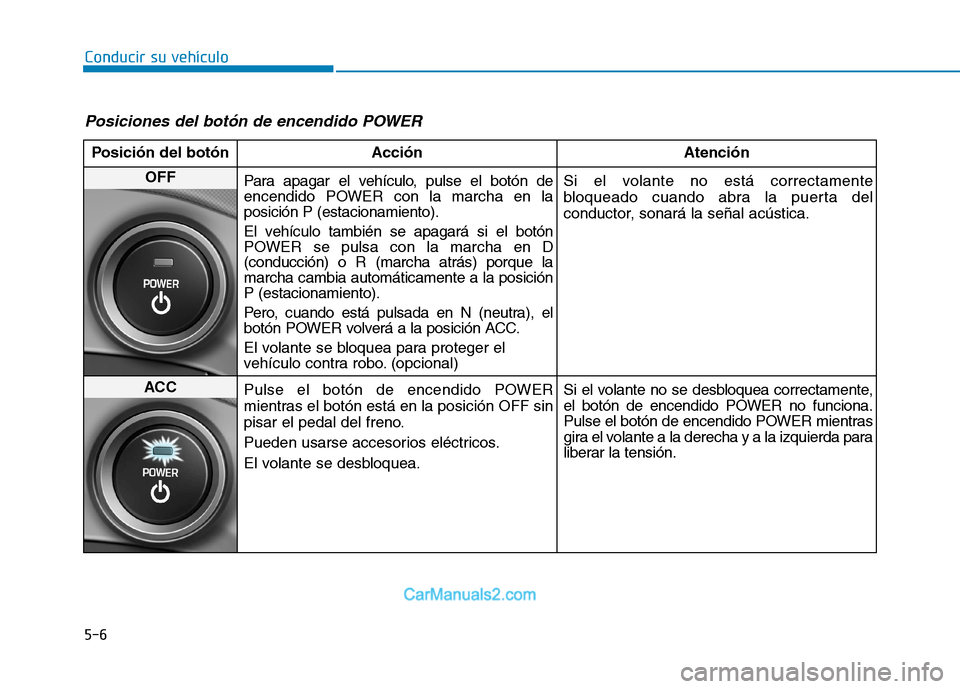 Hyundai Ioniq Electric 2017 Manual del propietario (in Spanish) 5-6
Conducir su vehículo
Posiciones del botón de encendido POWER
Posición del botón AcciónAtención
OFF
Para apagar el vehículo, pulse el botón de
encendido POWER con la marcha en laposición Hyundai Ioniq Electric 2017 Manual del propietario (in Spanish) 5-6
Conducir su vehículo
Posiciones del botón de encendido POWER
Posición del botón AcciónAtención
OFF
Para apagar el vehículo, pulse el botón de
encendido POWER con la marcha en laposición
