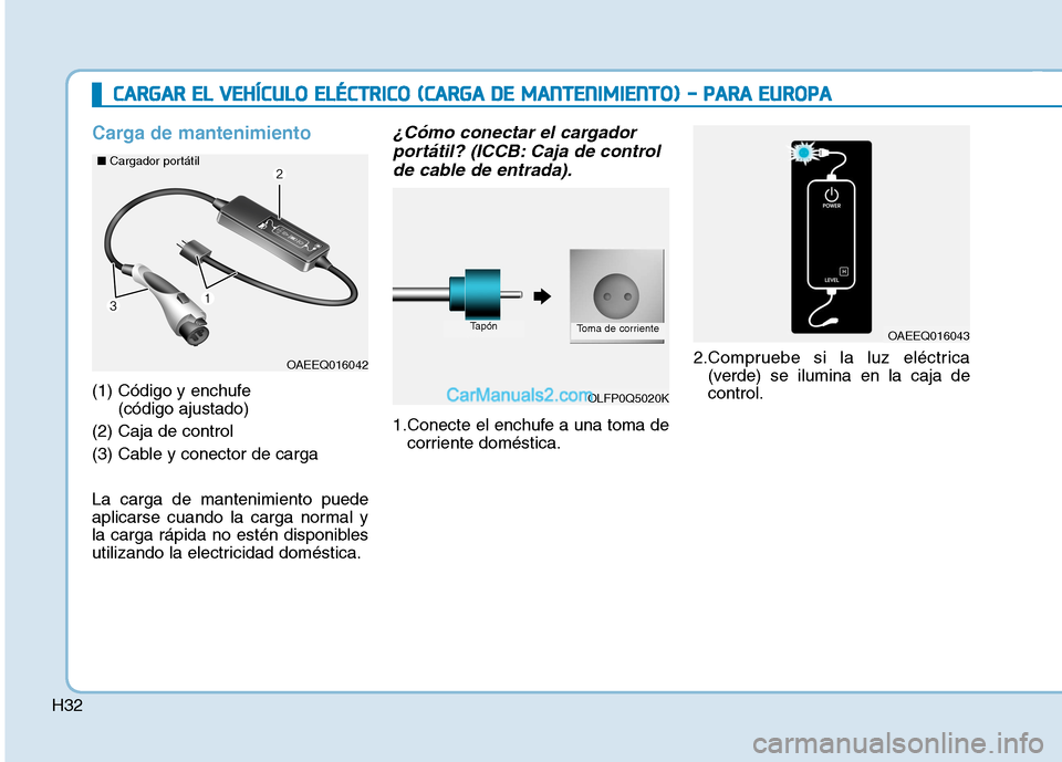 Hyundai Ioniq Electric 2017  Manual del propietario (in Spanish) H32
Carga de mantenimiento
(1) Código y enchufe (código ajustado)
(2) Caja de control 
(3) Cable y conector de carga La carga de mantenimiento puede 
aplicarse cuando la carga normal y
la carga ráp