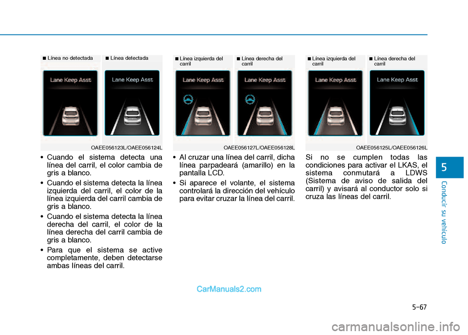 Hyundai Ioniq Electric 2017 Manual del propietario (in Spanish) 5-67
Conducir su vehículo
5
Cuando el sistema detecta unalínea del carril, el color cambia de
gris a blanco.
Cuando el sistema detecta la línea izquierda del carril, el color de la
línea izquie Hyundai Ioniq Electric 2017 Manual del propietario (in Spanish) 5-67
Conducir su vehículo
5
Cuando el sistema detecta unalínea del carril, el color cambia de
gris a blanco.
Cuando el sistema detecta la línea izquierda del carril, el color de la
línea izquie