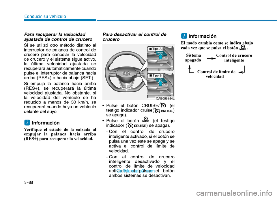 Hyundai Ioniq Electric 2017 Manual del propietario (in Spanish) Conducir su vehículo
5-88
Para recuperar la velocidadajustada de control de crucero
Si se utilizó otro método distinto al
interruptor de palanca de control de
crucero para cancelar la velocidad
d Hyundai Ioniq Electric 2017 Manual del propietario (in Spanish) Conducir su vehículo
5-88
Para recuperar la velocidadajustada de control de crucero
Si se utilizó otro método distinto al
interruptor de palanca de control de
crucero para cancelar la velocidad
d