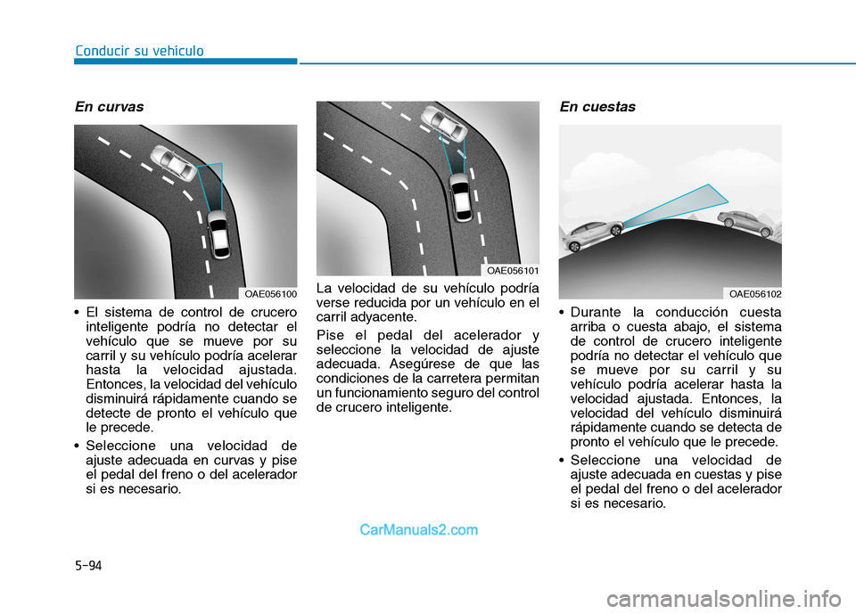 Hyundai Ioniq Electric 2017 Manual del propietario (in Spanish) Conducir su vehículo
5-94
En curvas
El sistema de control de crucerointeligente podría no detectar el
vehículo que se mueve por su
carril y su vehículo podría acelerar
hasta la velocidad ajust Hyundai Ioniq Electric 2017 Manual del propietario (in Spanish) Conducir su vehículo
5-94
En curvas
El sistema de control de crucerointeligente podría no detectar el
vehículo que se mueve por su
carril y su vehículo podría acelerar
hasta la velocidad ajust