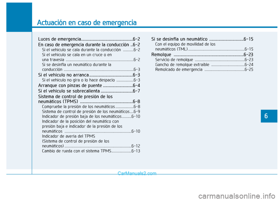 Hyundai Ioniq Electric 2017 Manual del propietario (in Spanish) Actuación en caso de emergencia
Luces de emergencia.............................................6-2
En caso de emergencia durante la conducción ..6-2Si el vehículo se cala durante la conducción Hyundai Ioniq Electric 2017 Manual del propietario (in Spanish) Actuación en caso de emergencia
Luces de emergencia.............................................6-2
En caso de emergencia durante la conducción ..6-2Si el vehículo se cala durante la conducción