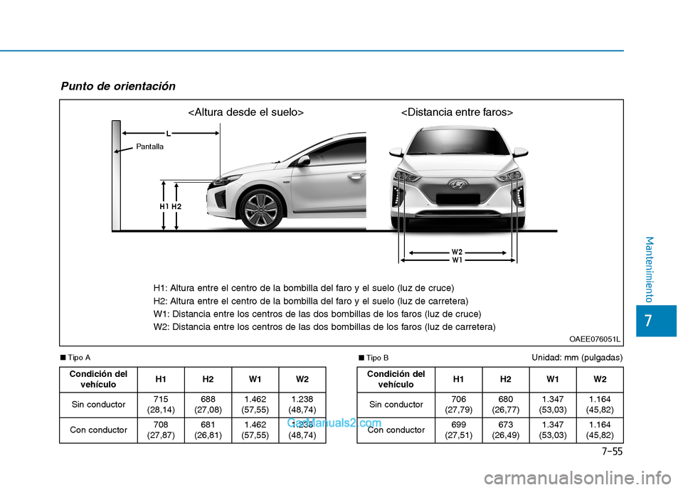 Hyundai Ioniq Electric 2017 Manual del propietario (in Spanish) 7-55
7
Mantenimiento
Unidad: mm (pulgadas)
Punto de orientación
OAEE076051L
H1: Altura entre el centro de la bombilla del faro y el suelo (luz de cruce)
H2: Altura entre el centro de la bombilla de Hyundai Ioniq Electric 2017 Manual del propietario (in Spanish) 7-55
7
Mantenimiento
Unidad: mm (pulgadas)
Punto de orientación
OAEE076051L
H1: Altura entre el centro de la bombilla del faro y el suelo (luz de cruce)
H2: Altura entre el centro de la bombilla de