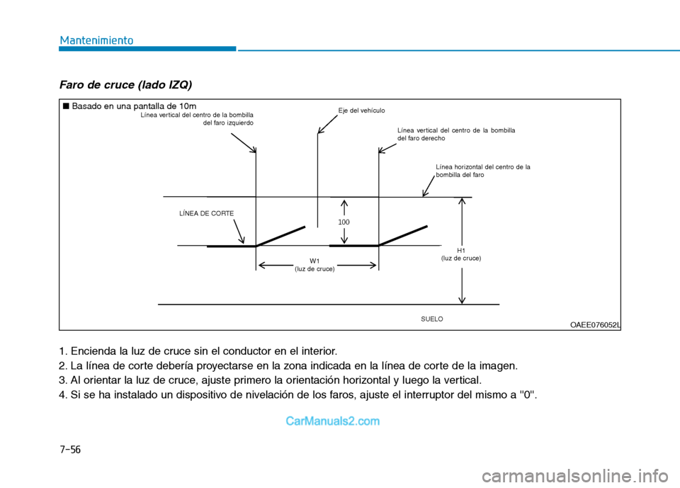 Hyundai Ioniq Electric 2017 Manual del propietario (in Spanish) 7-56
Mantenimiento
Faro de cruce (lado IZQ)
1. Encienda la luz de cruce sin el conductor en el interior.
2. La línea de corte debería proyectarse en la zona indicada en la línea de corte de la im Hyundai Ioniq Electric 2017 Manual del propietario (in Spanish) 7-56
Mantenimiento
Faro de cruce (lado IZQ)
1. Encienda la luz de cruce sin el conductor en el interior.
2. La línea de corte debería proyectarse en la zona indicada en la línea de corte de la im