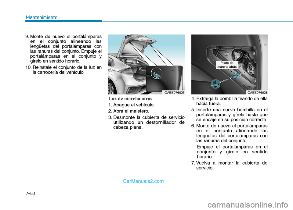 Hyundai Ioniq Electric 2017 Manual del propietario (in Spanish) 7-60
Mantenimiento
9. Monte de nuevo el portalámparasen el conjunto alineando las
lengüetas del portalámparas con
las ranuras del conjunto. Empuje el
portalámparas en el conjunto y
gírelo en sen Hyundai Ioniq Electric 2017 Manual del propietario (in Spanish) 7-60
Mantenimiento
9. Monte de nuevo el portalámparasen el conjunto alineando las
lengüetas del portalámparas con
las ranuras del conjunto. Empuje el
portalámparas en el conjunto y
gírelo en sen