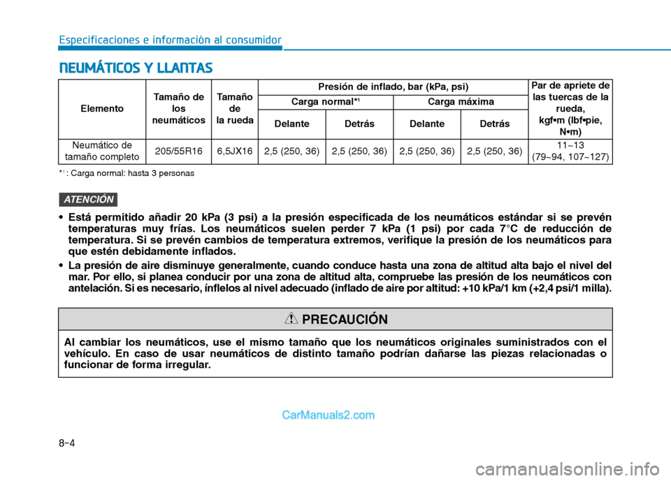 Hyundai Ioniq Electric 2017 Manual del propietario (in Spanish) 8-4
Especificaciones e información al consumidorN
N EEUU MM ÁÁTTIICC OO SS YY LL LLAA NN TTAA SS
Elemento Tamaño de
los
neumáticos Tamaño
de
la rueda Presión de inflado, bar (kPa, psi)
Par d Hyundai Ioniq Electric 2017 Manual del propietario (in Spanish) 8-4
Especificaciones e información al consumidorN
N EEUU MM ÁÁTTIICC OO SS YY LL LLAA NN TTAA SS
Elemento Tamaño de
los
neumáticos Tamaño
de
la rueda Presión de inflado, bar (kPa, psi)
Par d