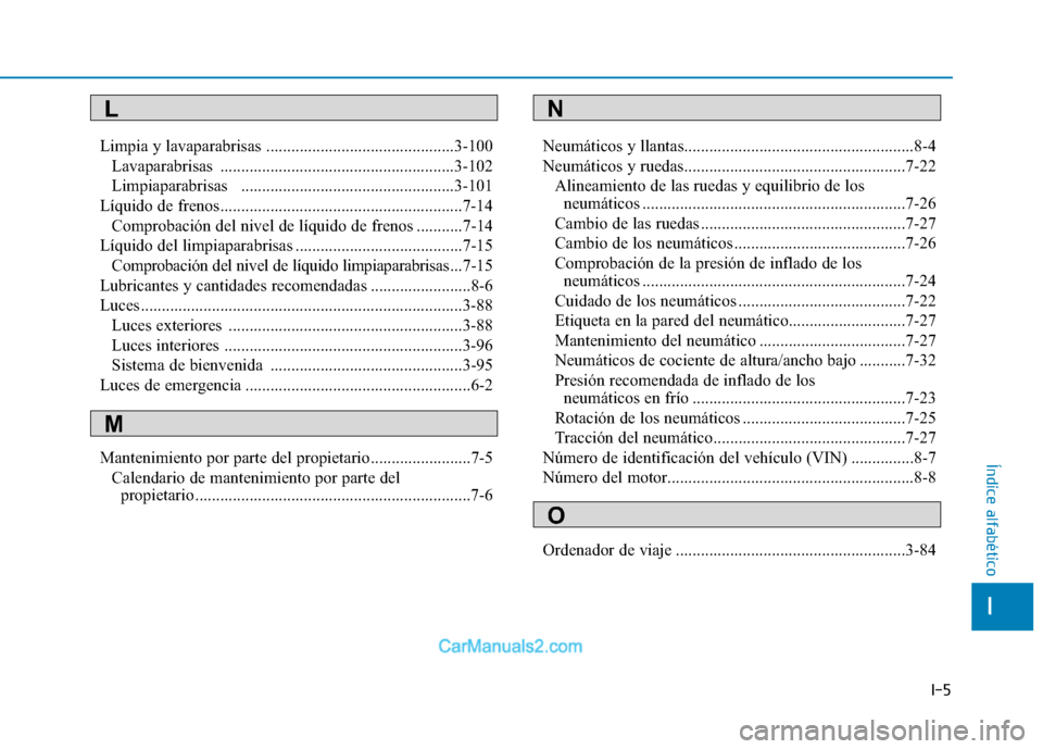 Hyundai Ioniq Electric 2017  Manual del propietario (in Spanish) I-5
Limpia y lavaparabrisas .............................................3-100
Lavaparabrisas ........................................................3-102 
Limpiaparabrisas   ........................