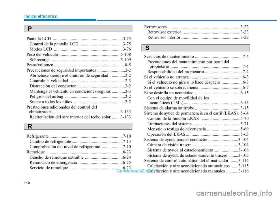 Hyundai Ioniq Electric 2017  Manual del propietario (in Spanish) I-6Pantalla LCD  ...............................................................3-75
Control de la pantalla LCD .......................................3-75 
Modos LCD  ................................