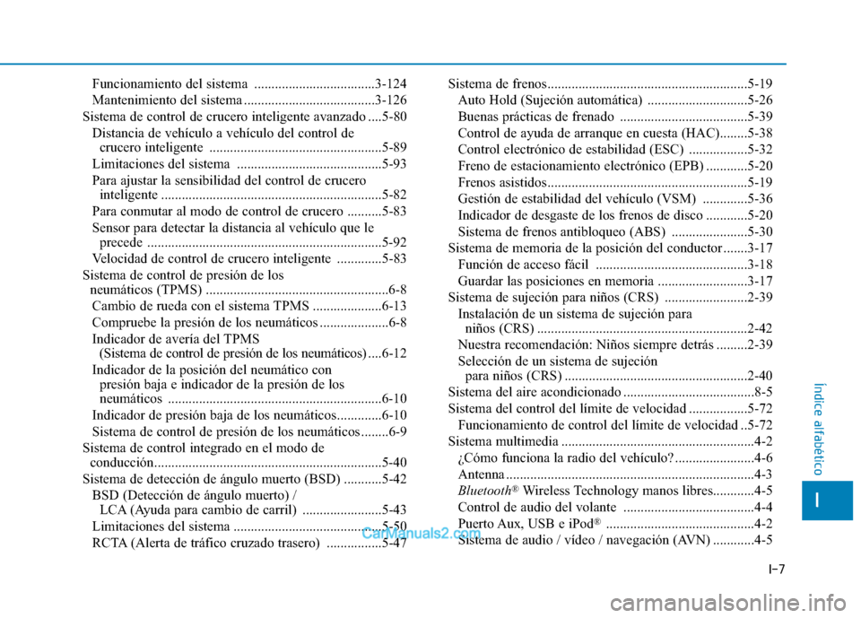 Hyundai Ioniq Electric 2017  Manual del propietario (in Spanish) I-7
Funcionamiento del sistema  ...................................3-124 
Mantenimiento del sistema ......................................3-126
Sistema de control de crucero inteligente avanzado ....5