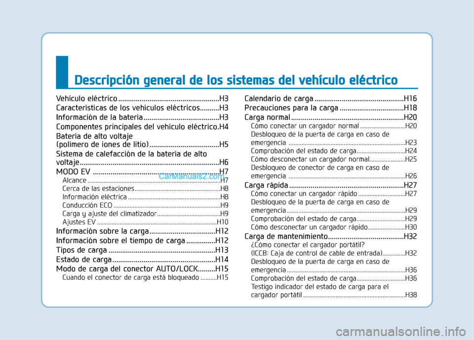 Hyundai Ioniq Electric 2017  Manual del propietario (in Spanish) DDeesscc rriipp cciióó nn  gg eenn eerraa ll   dd ee  lloo ss  ss iiss ttee mm aass  dd eell   vv ee hh íícc uu lloo   ee lléé ccttrr iicc oo
Vehículo eléctrico ...............................
