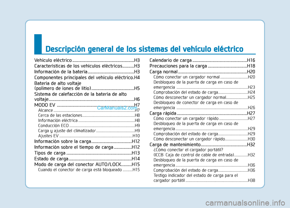 Hyundai Ioniq Electric 2017 Manual del propietario (in Spanish) DDeesscc rriipp cciióó nn gg eenn eerraa ll dd ee lloo ss ss iiss ttee mm aass dd eell vv ee hh íícc uu lloo ee lléé ccttrr iicc oo
Vehículo eléctrico ............................... Hyundai Ioniq Electric 2017 Manual del propietario (in Spanish) DDeesscc rriipp cciióó nn gg eenn eerraa ll dd ee lloo ss ss iiss ttee mm aass dd eell vv ee hh íícc uu lloo ee lléé ccttrr iicc oo
Vehículo eléctrico ...............................
