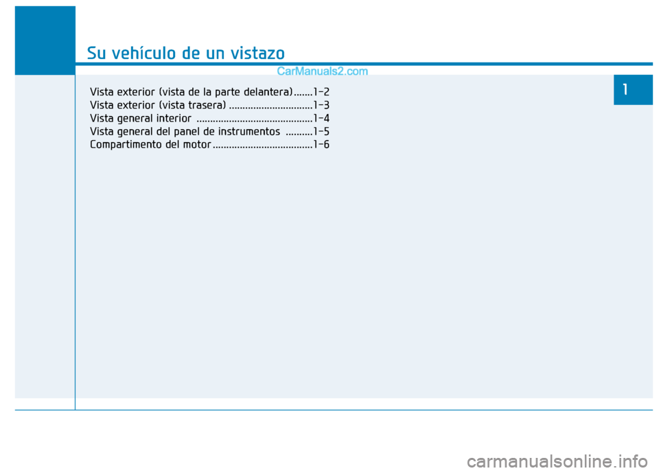 Hyundai Ioniq Electric 2017  Manual del propietario (in Spanish) Su vehículo de un vistazo
1
Su vehículo de un vistazo
1Vista exterior (vista de la parte delantera) .......1-2 
Vista exterior (vista trasera) ...............................1-3
Vista general interi