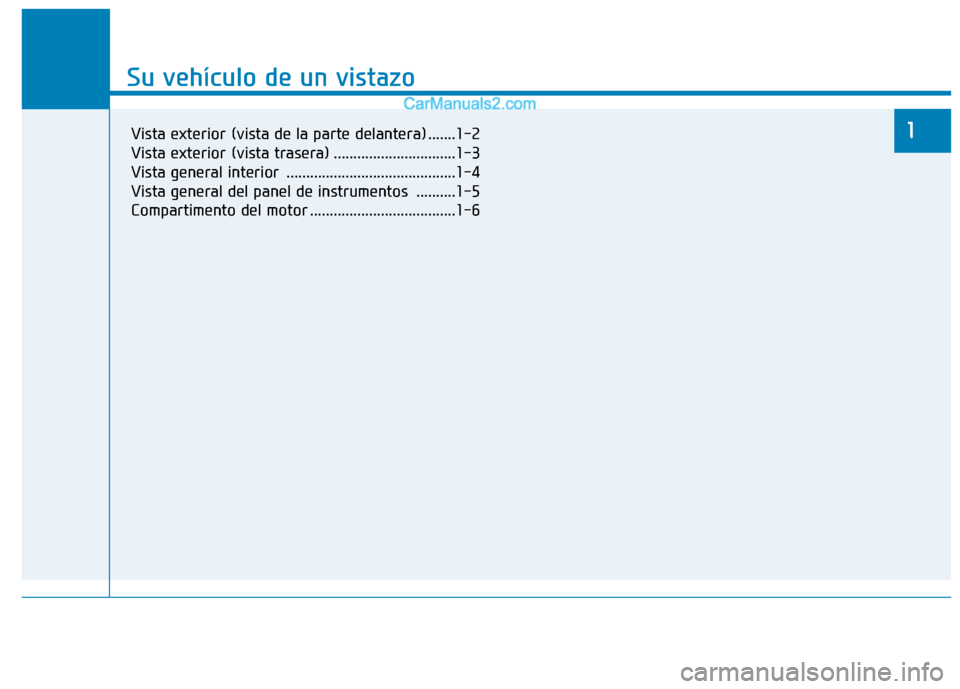 Hyundai Ioniq Electric 2017 Manual del propietario (in Spanish) Su vehículo de un vistazo
1
Su vehículo de un vistazo
1Vista exterior (vista de la parte delantera) .......1-2
Vista exterior (vista trasera) ...............................1-3
Vista general interi Hyundai Ioniq Electric 2017 Manual del propietario (in Spanish) Su vehículo de un vistazo
1
Su vehículo de un vistazo
1Vista exterior (vista de la parte delantera) .......1-2
Vista exterior (vista trasera) ...............................1-3
Vista general interi