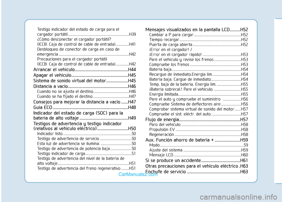 Hyundai Ioniq Electric 2017  Manual del propietario (in Spanish) Testigo indicador del estado de carga para el 
cargador portátil ...............................................................H39
¿Cómo desconectar el cargador portátil? 
(ICCB: Caja de control 