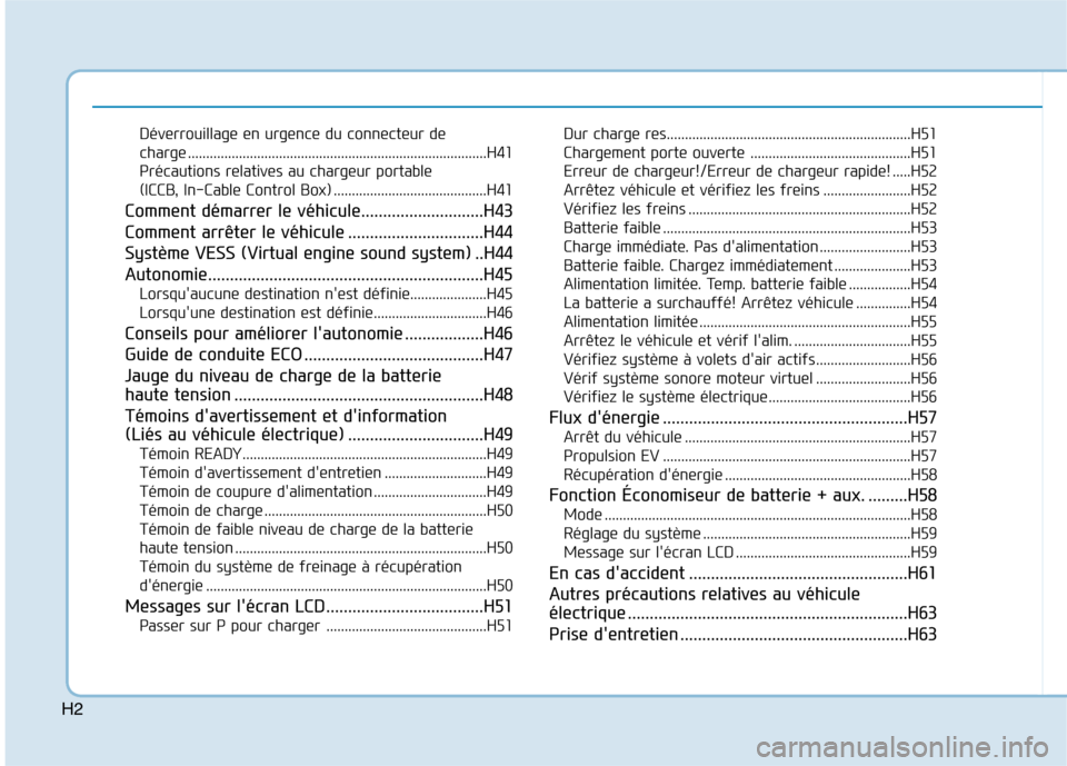 Hyundai Ioniq Electric 2017  Manuel du propriétaire (in French) H2
Déverrouillage en urgence du connecteur de  
charge ..................................................................................H41
Précautions relatives au chargeur portable 
(ICCB, In-Cab