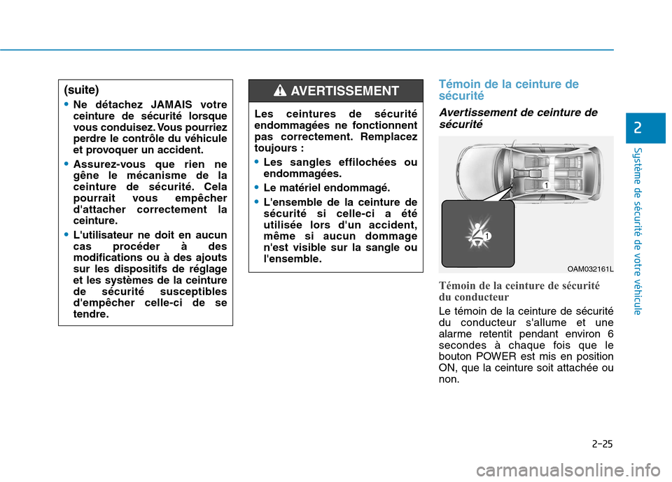 Hyundai Ioniq Electric 2017 Manuel du propriétaire (in French) 2-25
Système de sécurité de votre véhicule
2
Témoin de la ceinture de sécurité
Avertissement de ceinture desécurité
Témoin de la ceinture de sécurité
du conducteur
Le témoin de la ce Hyundai Ioniq Electric 2017 Manuel du propriétaire (in French) 2-25
Système de sécurité de votre véhicule
2
Témoin de la ceinture de sécurité
Avertissement de ceinture desécurité
Témoin de la ceinture de sécurité
du conducteur
Le témoin de la ce