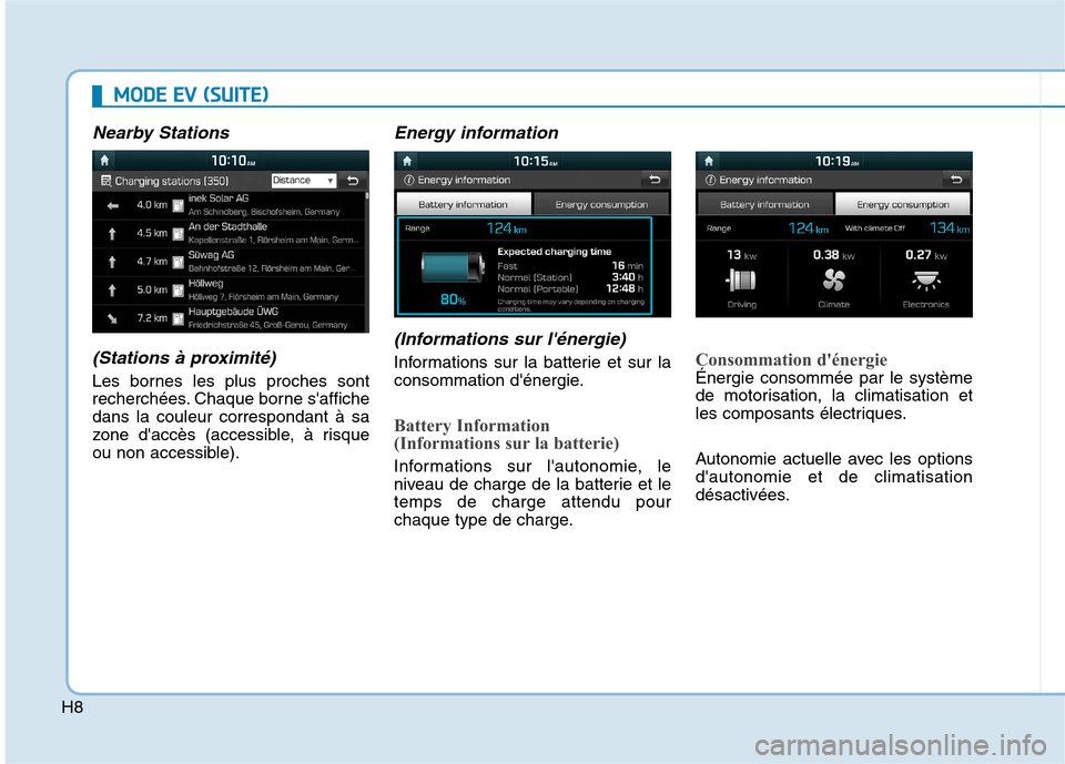 Hyundai Ioniq Electric 2017 Manuel du propriétaire (in French) H8
MMOODDEE EE VV (( SS UU IITT EE))
Nearby Stations
(Stations à proximité)
Les bornes les plus proches sont
recherchées. Chaque borne saffichedans la couleur correspondant à sa
zone daccè Hyundai Ioniq Electric 2017 Manuel du propriétaire (in French) H8
MMOODDEE EE VV (( SS UU IITT EE))
Nearby Stations
(Stations à proximité)
Les bornes les plus proches sont
recherchées. Chaque borne saffichedans la couleur correspondant à sa
zone daccè