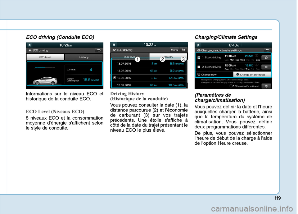 Hyundai Ioniq Electric 2017  Manuel du propriétaire (in French) H9
ECO driving (Conduite ECO)
Informations sur le niveau ECO et 
historique de la conduite ECO.
ECO Level (Niveaux ECO)
8 niveaux ECO et la consommation 
moyenne dénergie saffichent selon
le style 